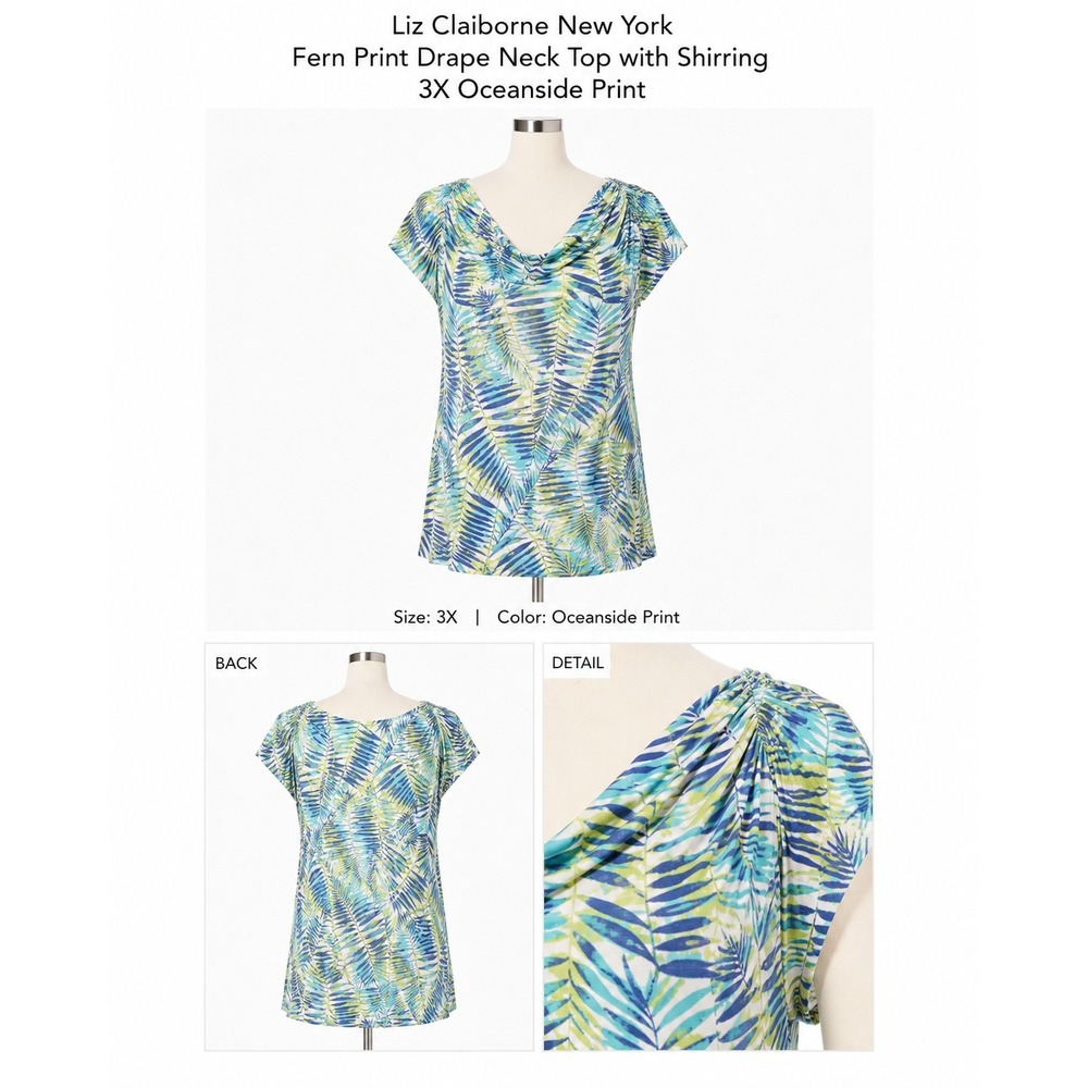Liz Claiborne New York Fern Print Drape Neck‎ Top Pacific Blue 3X Plus Size